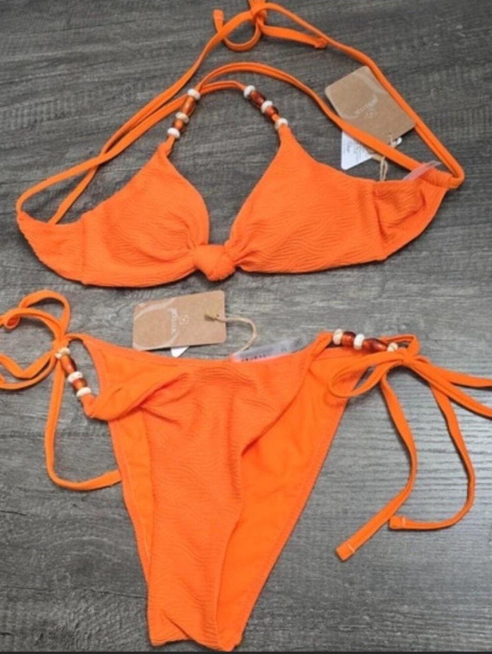 Berlook Size M Tie-Side Orange Bikini Set with Bead Accents - Women Swim